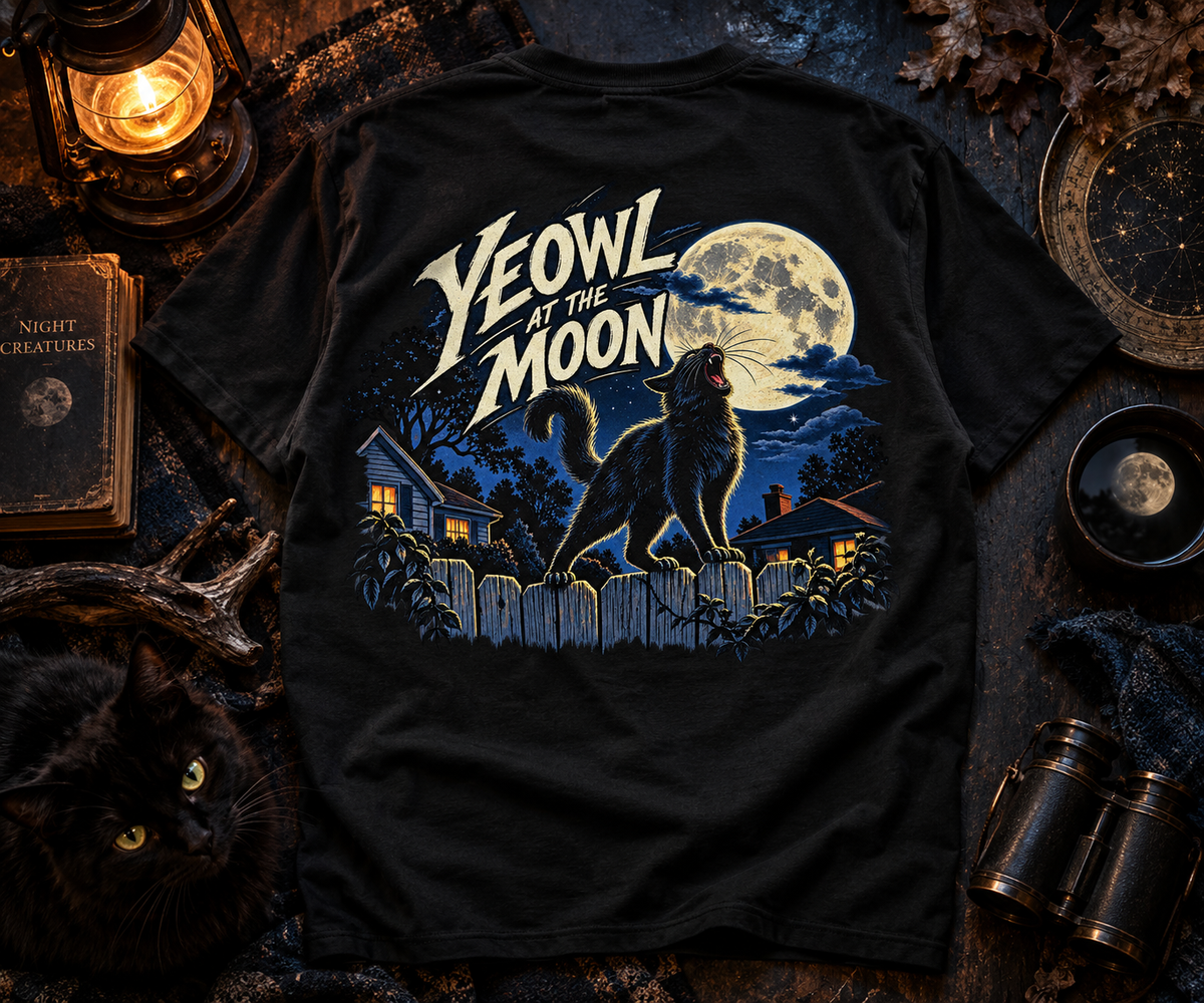 Yeowl at the Moon Cat T-Shirt — Vintage Howling Cat Graphic Tee